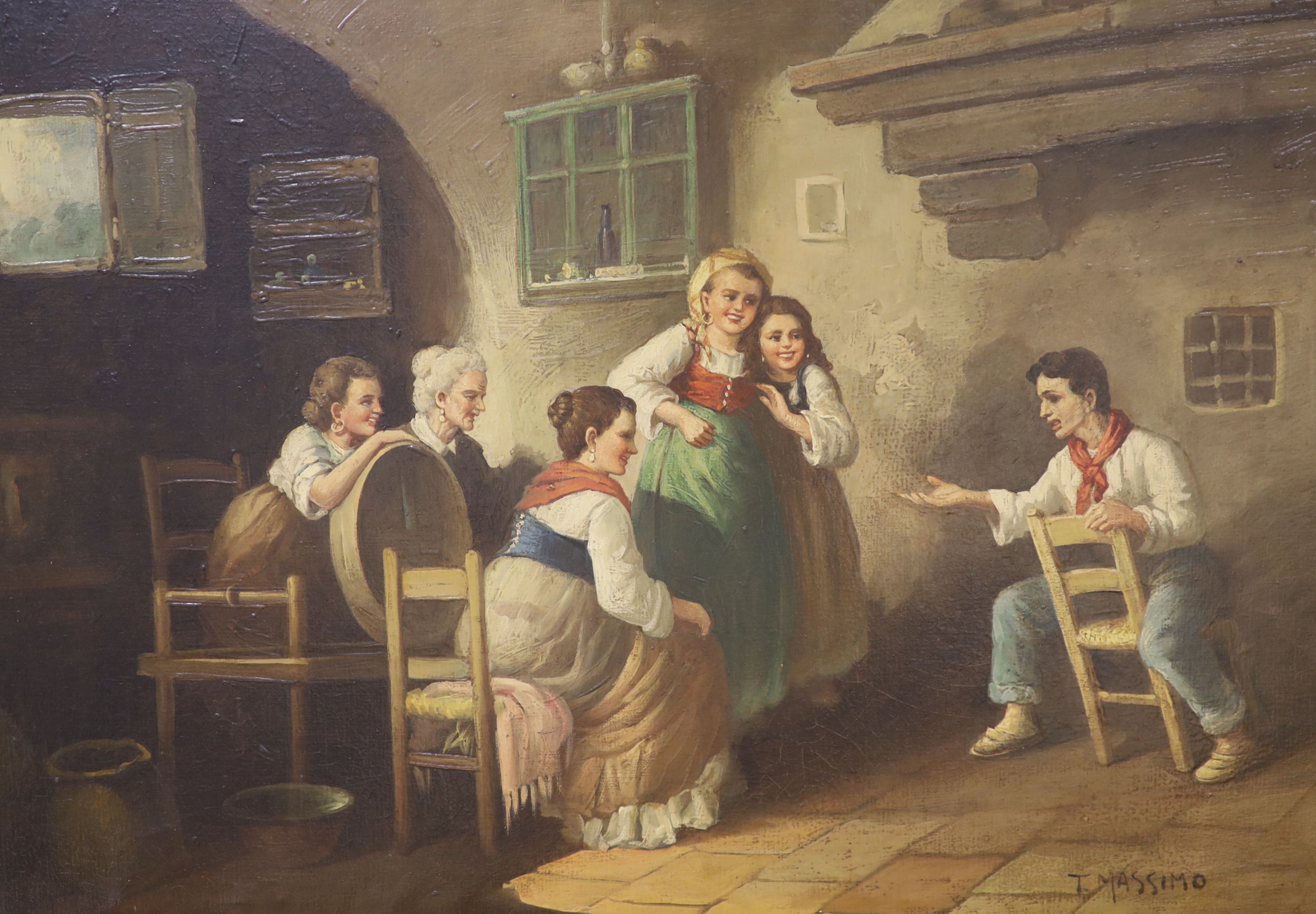 T. Massimo, oileograph, Italian interior with storyteller, 49 x 69cm